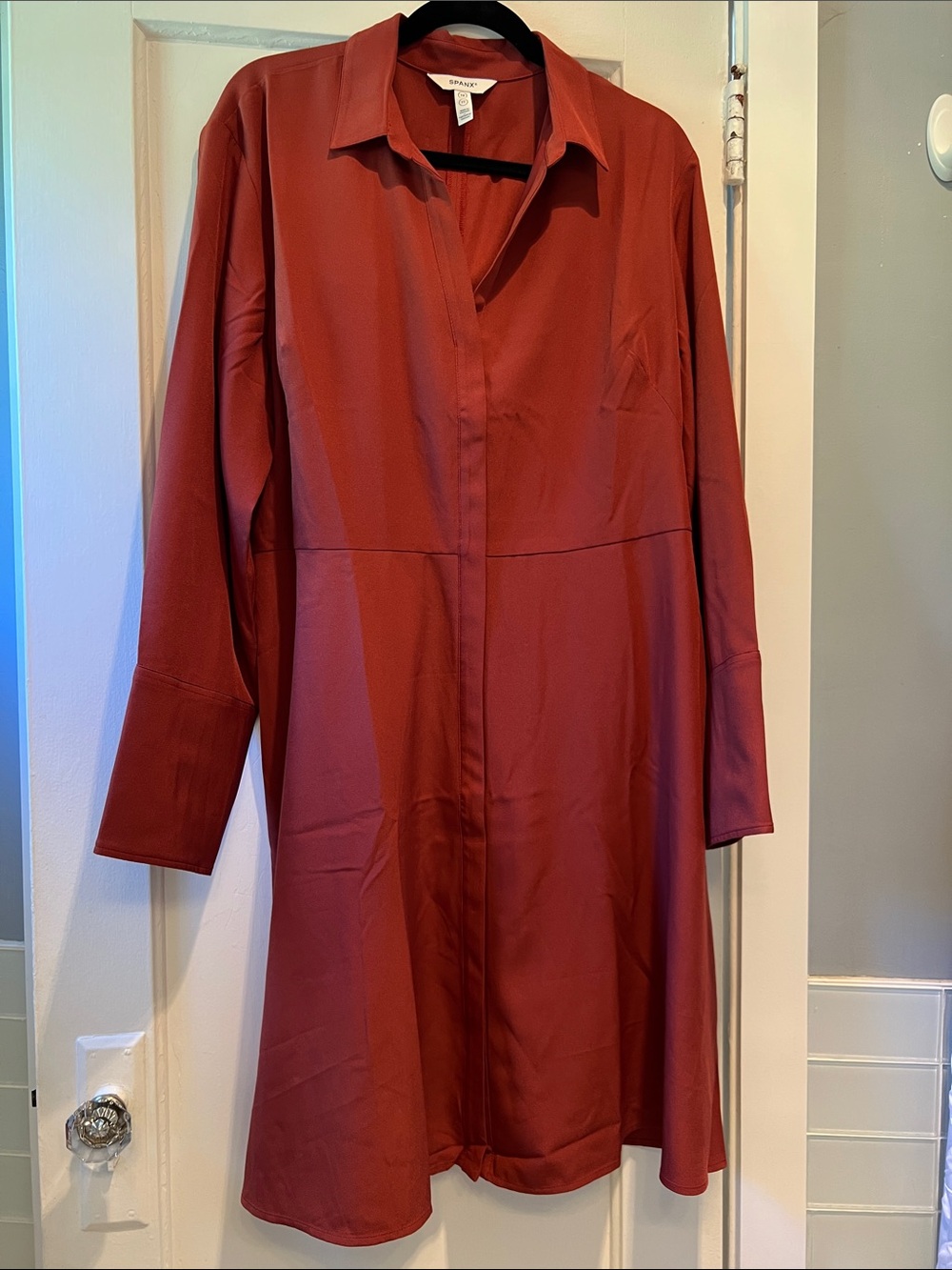 SPANX Long Sleeve Shirt Dress in Rust Red